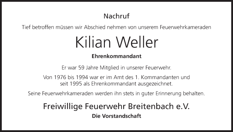  Traueranzeige für Kilian Weller vom 25.11.2017 aus MGO