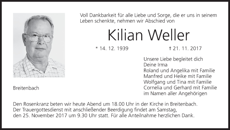  Traueranzeige für Kilian Weller vom 24.11.2017 aus MGO