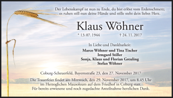 Anzeige von Klaus Wöhner von MGO