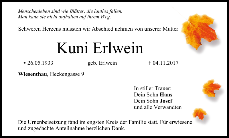  Traueranzeige für Kuni Erlwein vom 25.11.2017 aus MGO