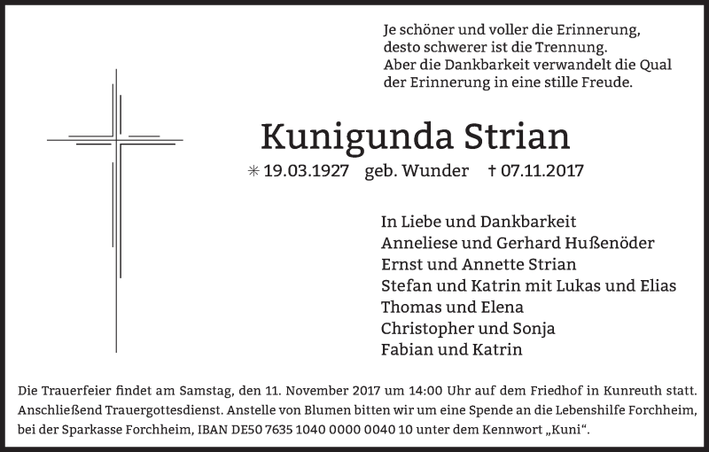  Traueranzeige für Kunigunda Strian vom 11.11.2017 aus MGO