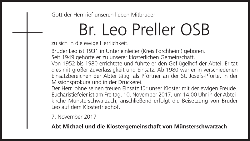  Traueranzeige für Leo Preller vom 08.11.2017 aus MGO