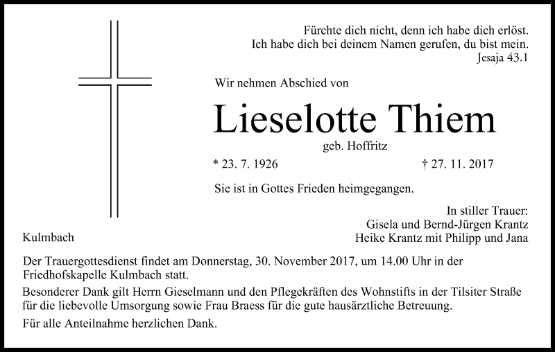  Traueranzeige für Lieselotte Thiem vom 28.11.2017 aus MGO