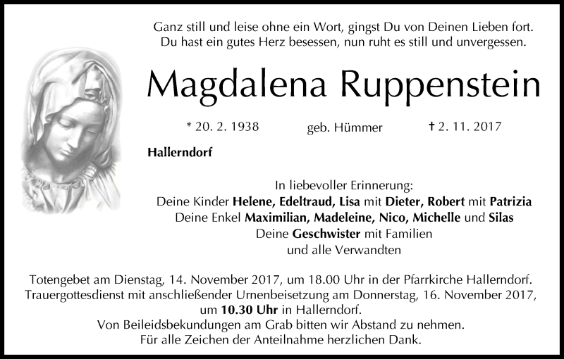  Traueranzeige für Magdalena Ruppenstein vom 11.11.2017 aus MGO