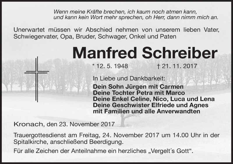  Traueranzeige für Manfred Schreiber vom 23.11.2017 aus MGO