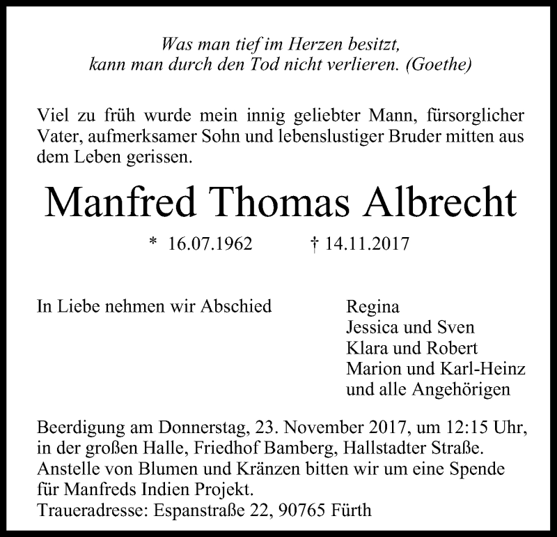  Traueranzeige für Manfred Thomas Albrecht vom 21.11.2017 aus MGO