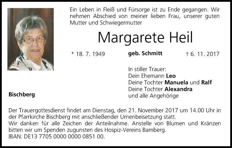  Traueranzeige für Margarete Heil vom 18.11.2017 aus MGO
