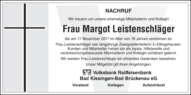  Traueranzeige für Margot Leistenschläger vom 23.11.2017 aus MGO