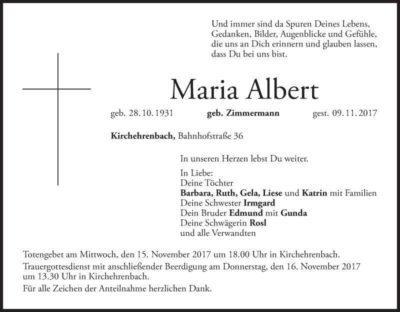  Traueranzeige für Maria Albert vom 11.11.2017 aus MGO
