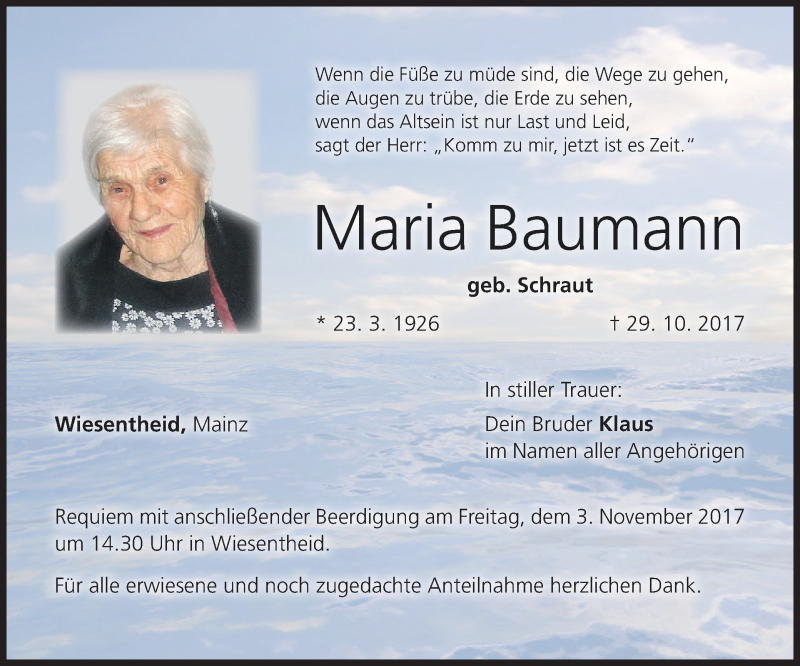  Traueranzeige für Maria Baumann vom 02.11.2017 aus MGO