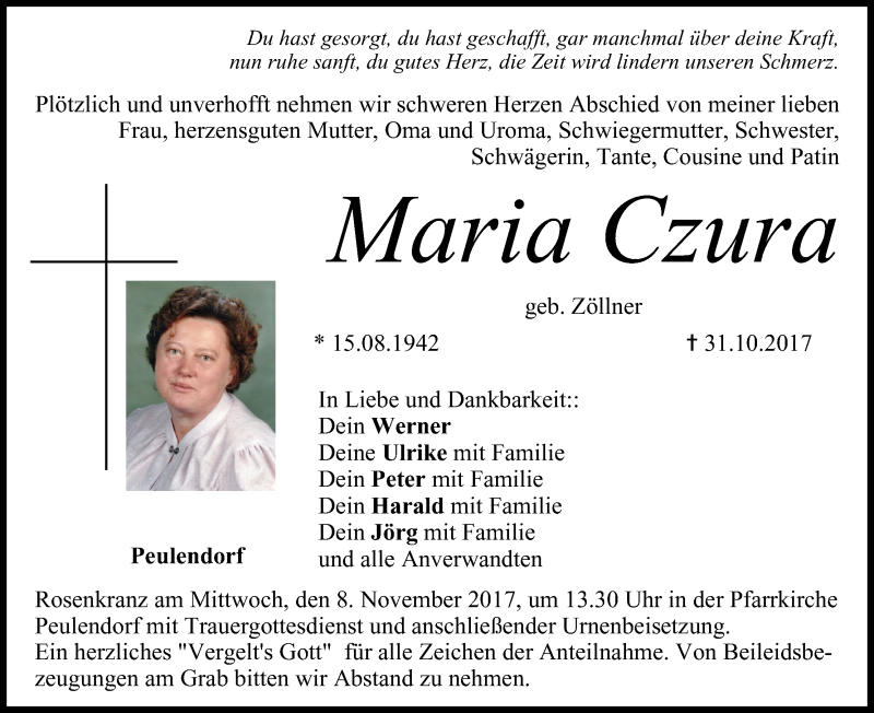  Traueranzeige für Maria Czura vom 04.11.2017 aus MGO