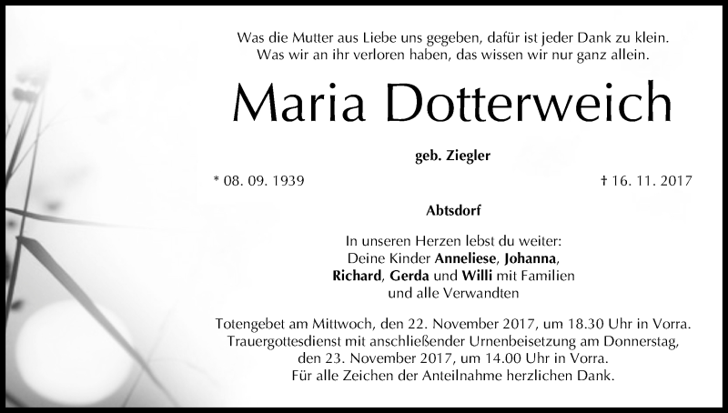  Traueranzeige für Maria Dotterweich vom 20.11.2017 aus MGO