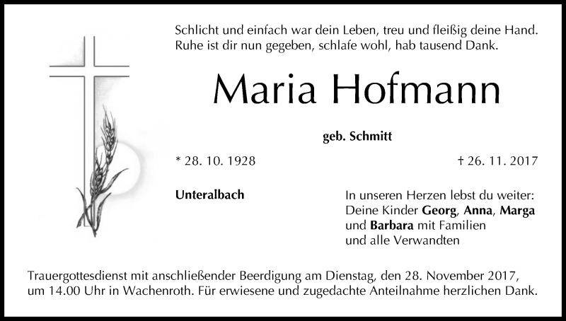 Traueranzeige für Maria Hofmann vom 28.11.2017 aus MGO