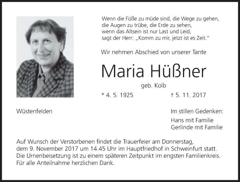  Traueranzeige für Maria Hüßner vom 07.11.2017 aus MGO