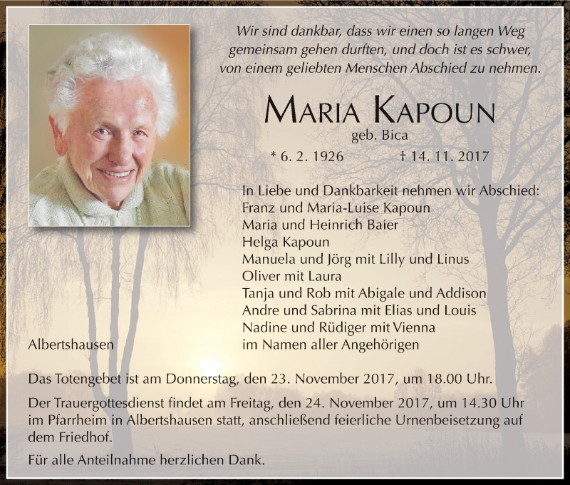  Traueranzeige für Maria Kapoun vom 18.11.2017 aus MGO