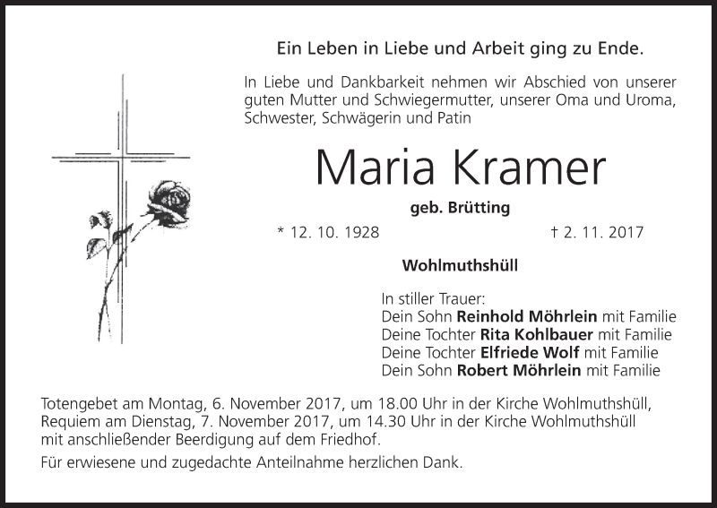  Traueranzeige für Maria Kramer vom 04.11.2017 aus MGO