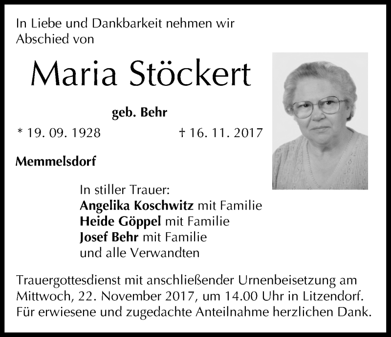  Traueranzeige für Maria Stöckert vom 18.11.2017 aus MGO