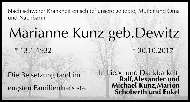  Traueranzeige für Marianne Kunz vom 24.11.2017 aus MGO