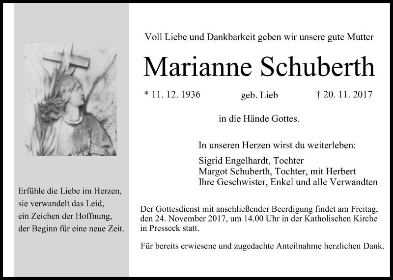  Traueranzeige für Marianne Schuberth vom 22.11.2017 aus MGO