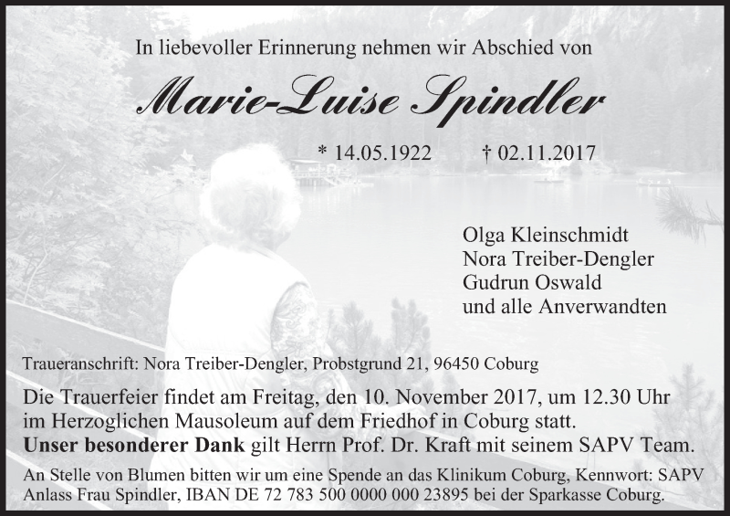  Traueranzeige für Marie-Luise Spindler vom 07.11.2017 aus MGO