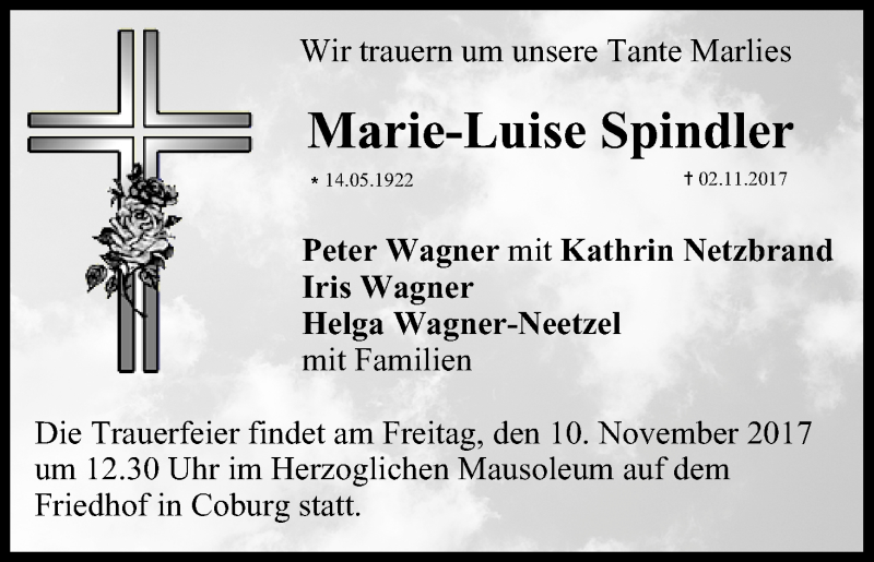  Traueranzeige für Marie-Luise Spindler vom 09.11.2017 aus MGO