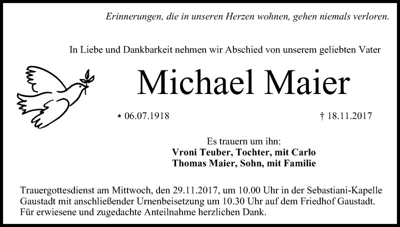  Traueranzeige für Michael Maier vom 25.11.2017 aus MGO