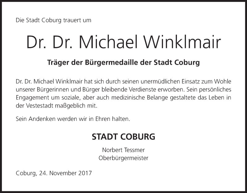  Traueranzeige für Michael Winklmair vom 29.11.2017 aus MGO