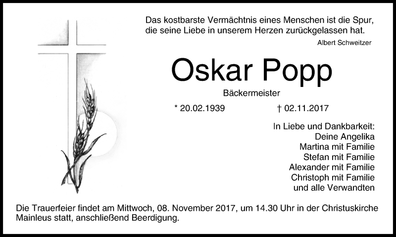  Traueranzeige für Oskar Popp vom 06.11.2017 aus MGO