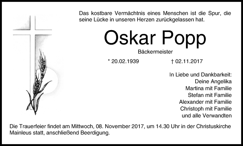  Traueranzeige für Oskar Popp vom 04.11.2017 aus MGO
