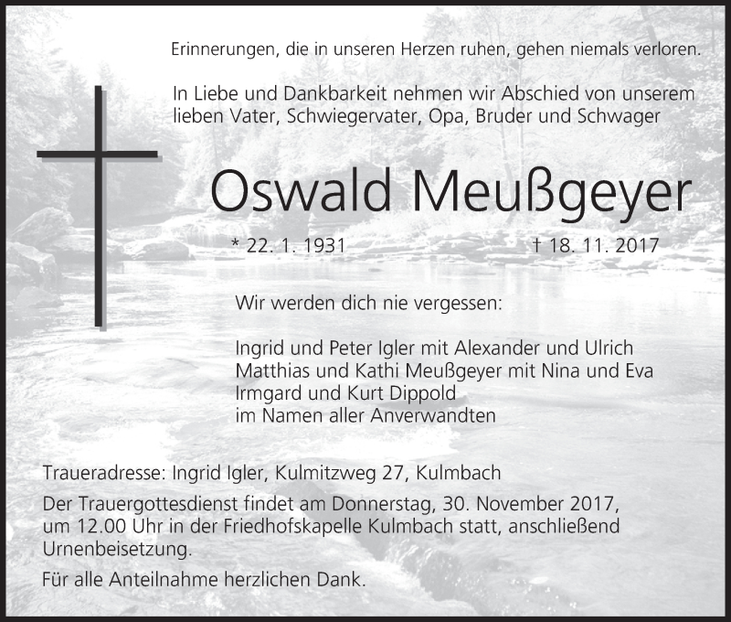  Traueranzeige für Oswald Meußgeyer vom 25.11.2017 aus MGO