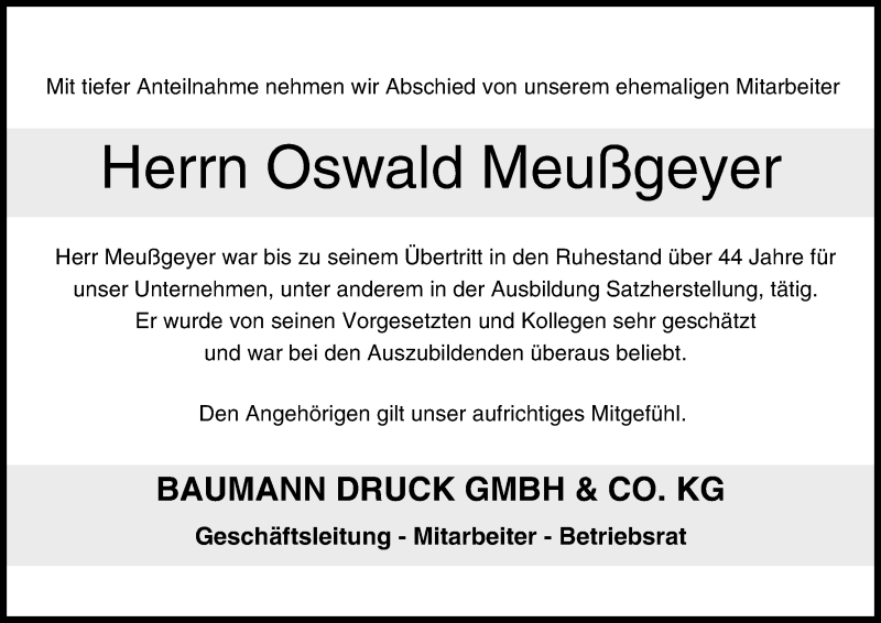  Traueranzeige für Oswald Meußgeyer vom 25.11.2017 aus MGO