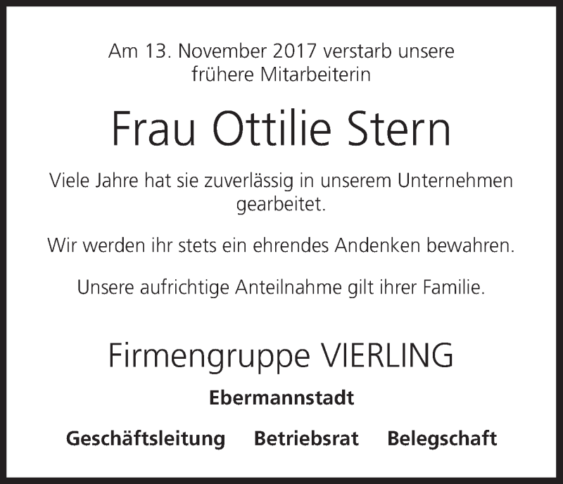  Traueranzeige für Ottilie Stern vom 17.11.2017 aus MGO