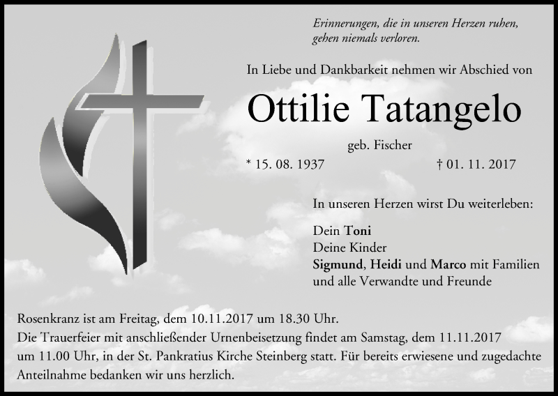  Traueranzeige für Ottilie Tatangelo vom 08.11.2017 aus MGO