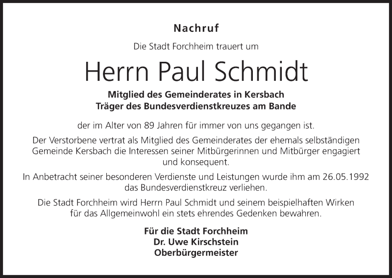  Traueranzeige für Paul Schmidt vom 25.11.2017 aus MGO