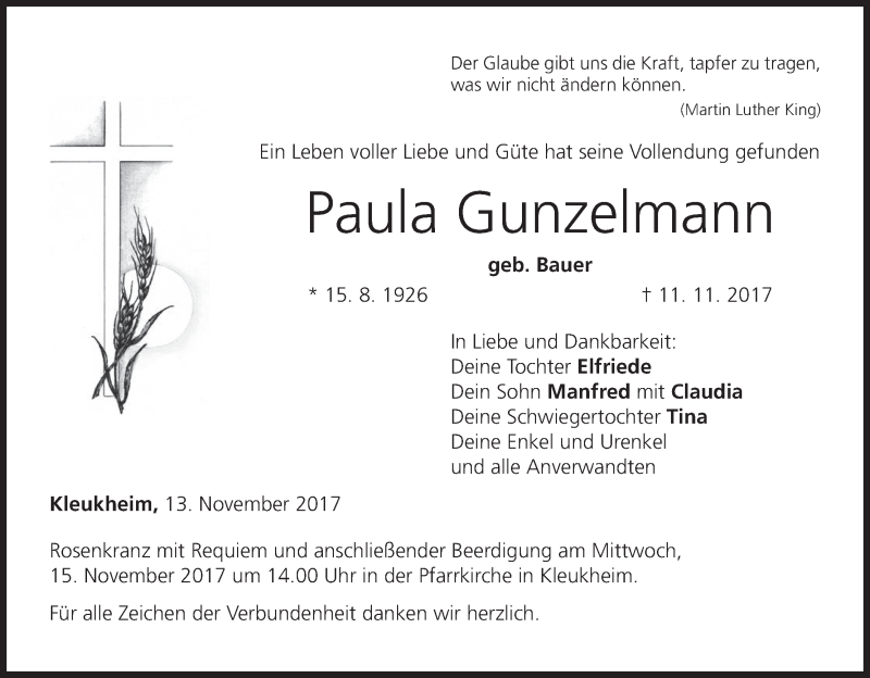  Traueranzeige für Paula Gunzelmann vom 13.11.2017 aus MGO