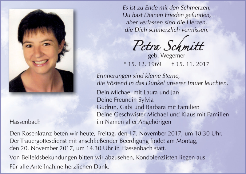  Traueranzeige für Petra Schmitt vom 17.11.2017 aus MGO