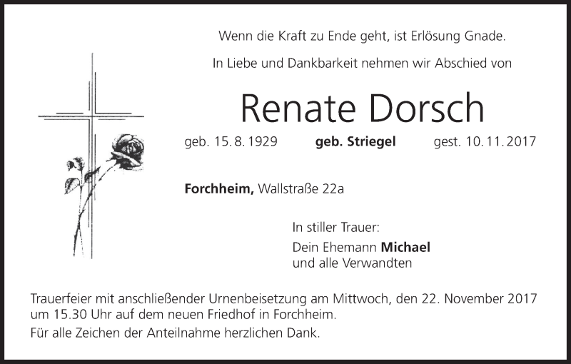 Traueranzeige für Renate Dorsch vom 18.11.2017 aus MGO