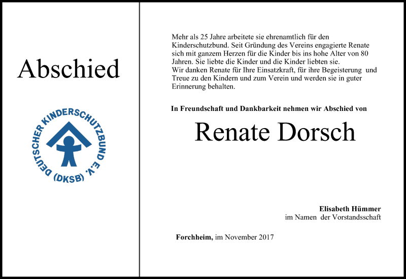  Traueranzeige für Renate Dorsch vom 22.11.2017 aus MGO