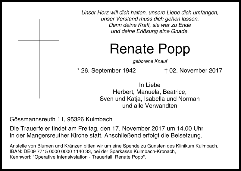  Traueranzeige für Renate Popp vom 15.11.2017 aus MGO