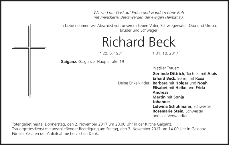 Traueranzeige für Richard Beck vom 02.11.2017 aus MGO