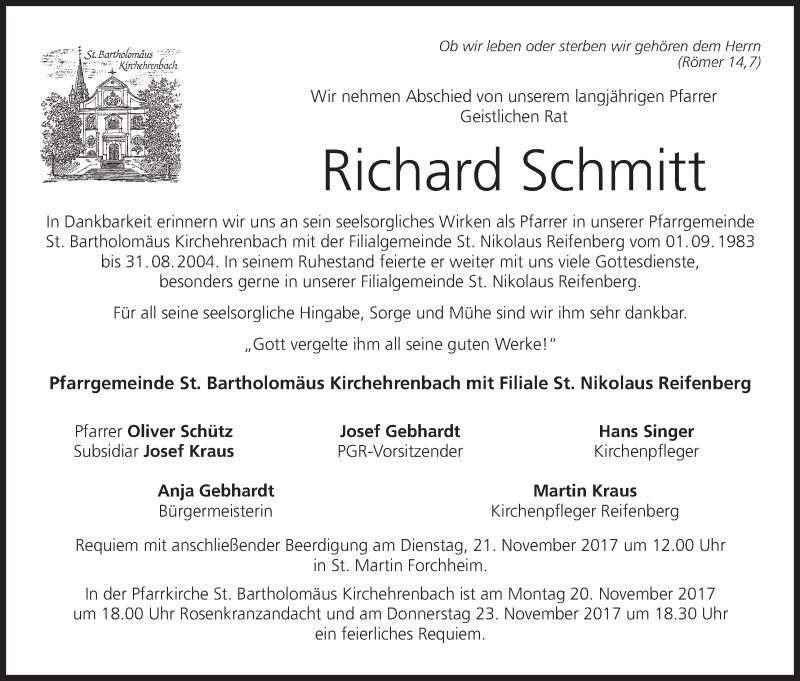  Traueranzeige für Richard S-chmitt vom 18.11.2017 aus MGO