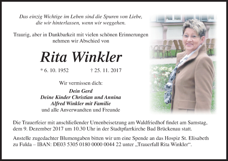  Traueranzeige für Rita Winkler vom 30.11.2017 aus MGO