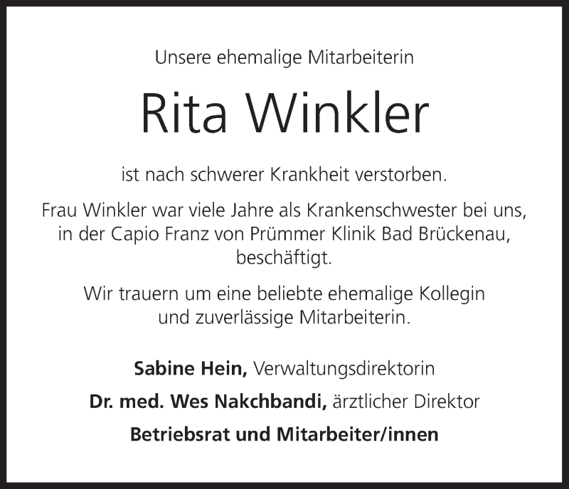  Traueranzeige für Rita Winkler vom 29.11.2017 aus MGO