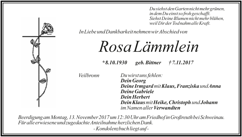  Traueranzeige für Rosa Lämmlein vom 10.11.2017 aus MGO
