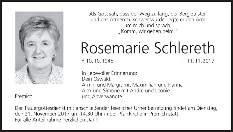  Traueranzeige für Rosemarie Schlereth vom 18.11.2017 aus MGO