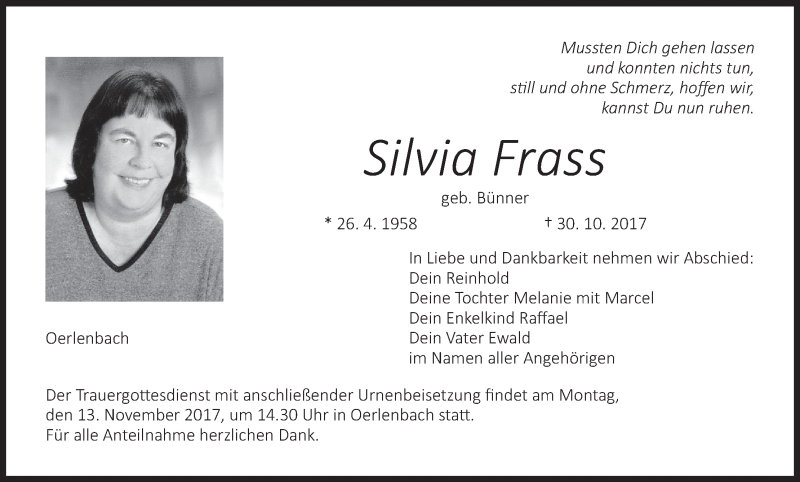  Traueranzeige für Silvia Frass vom 11.11.2017 aus MGO