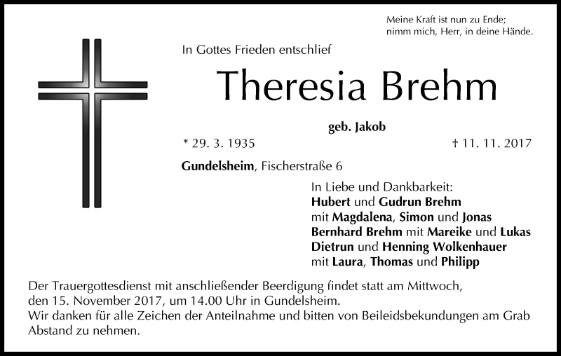  Traueranzeige für Theresia Brehm vom 13.11.2017 aus MGO