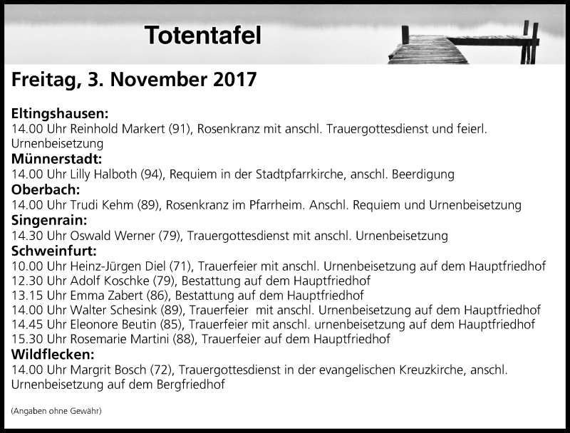  Traueranzeige für Totentafel vom 03.11.2017 vom 03.11.2017 aus MGO
