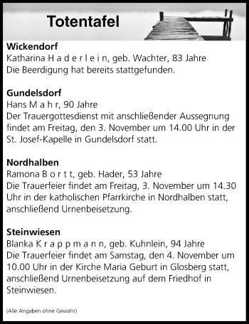 Anzeige von Totentafel vom 03.11.2017 von MGO