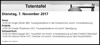 Anzeige von Totentafel vom 07.11.2017 von MGO